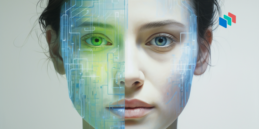 A face divided in half between a robot and a human
