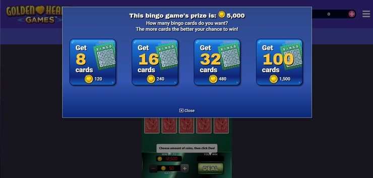Bingo card selection screen - Golden Hearts Games