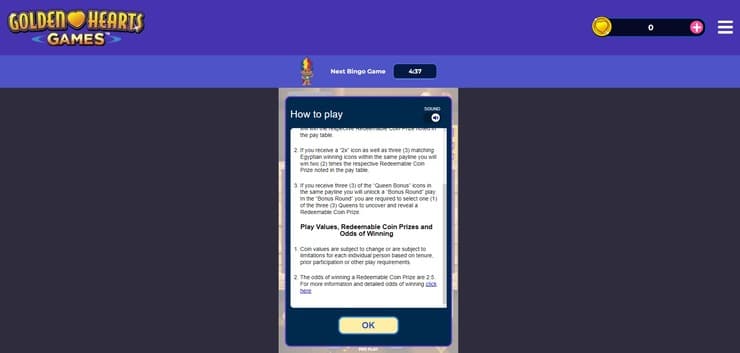 Game help section containing payout details - Golden Hearts Games