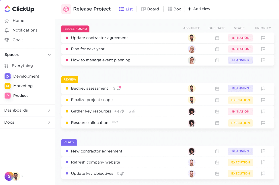 ClickUp’s different options for viewing active projects