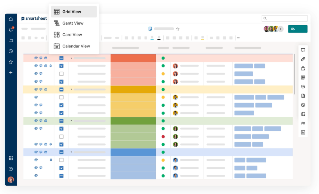 Grid, Gantt, Card, and Calendar view options from Smartsheet 