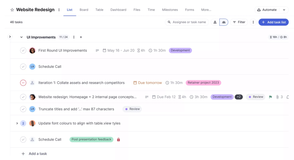 Tasks and subtasks on Teamwork’s platform