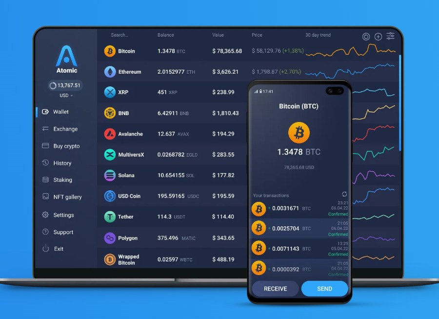 Atomic Wallet is available for mobile and desktop devices, featuring a simple and beginner-friendly interface.