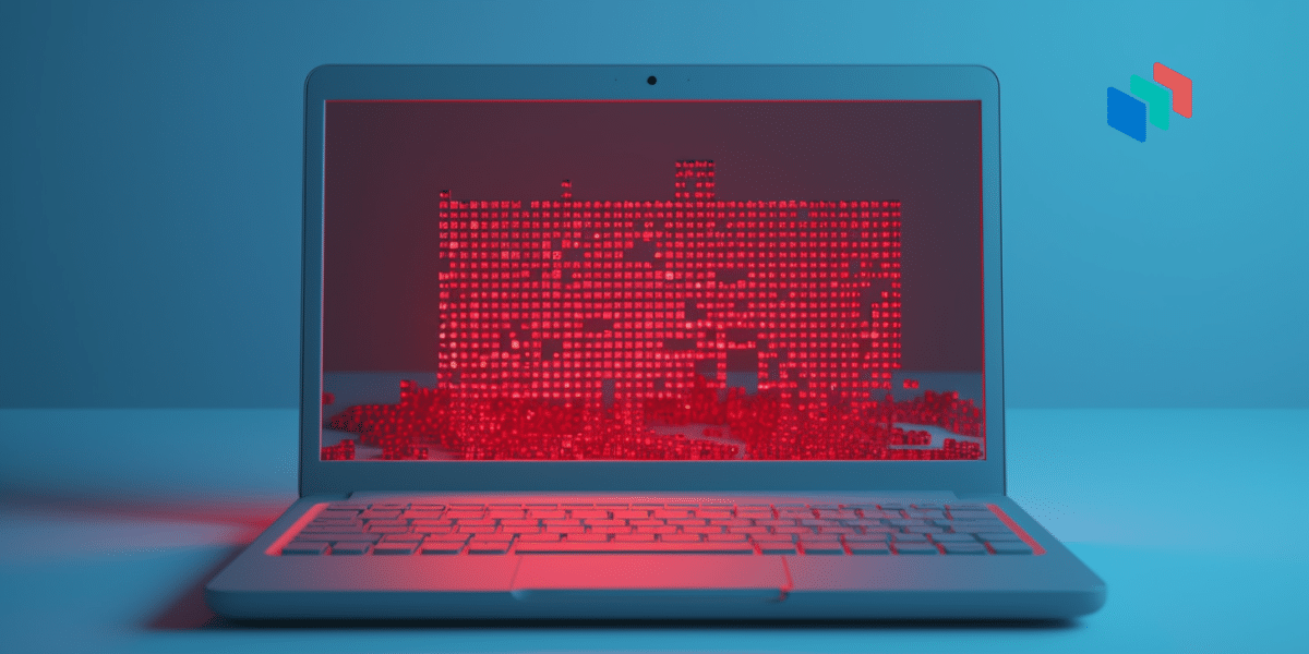 A laptop with red code text on the screen
