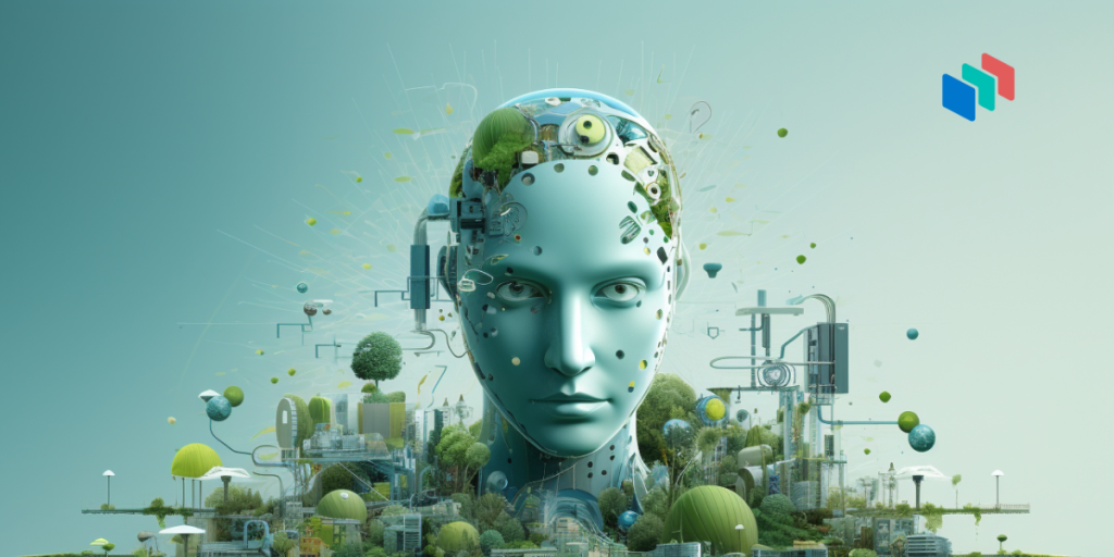 A robot's head surrounded by a green city