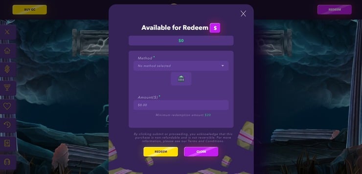 Redeem coins at SweepSlots