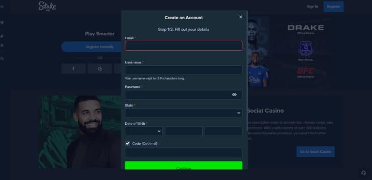 Stake.us sign up screen