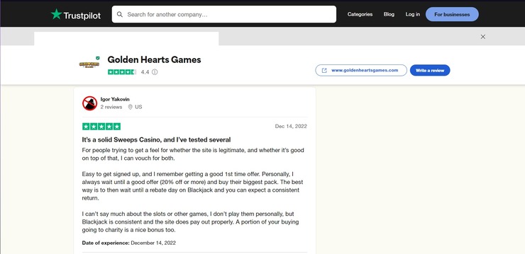 Trustpilot review screenshot for Golden Hearts Games