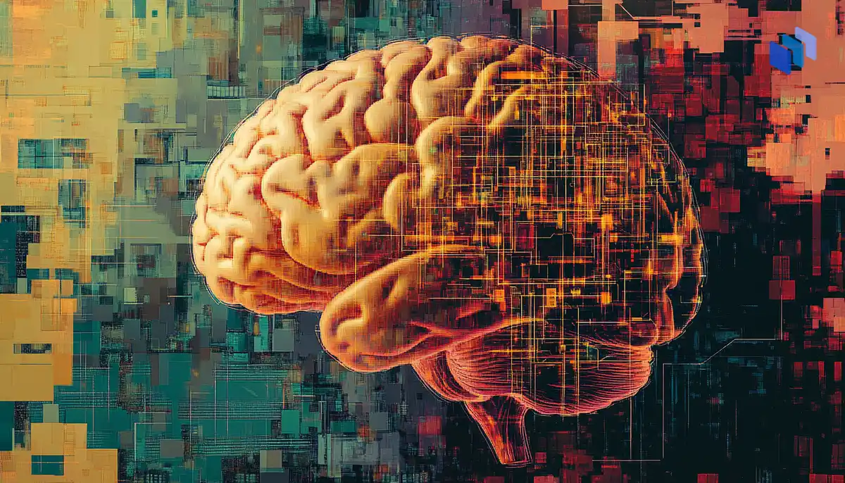 An abstract illustration of a human brain with interconnected circuits and digital patterns in the background, symbolizing the integration of technology and artificial intelligence.