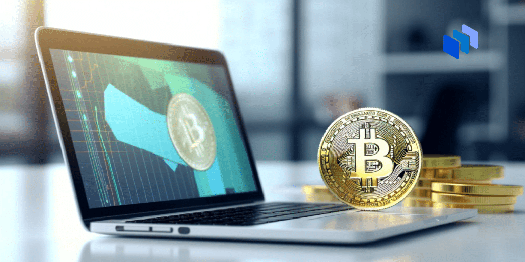 bitcoin coin on laptop with green and blue screen