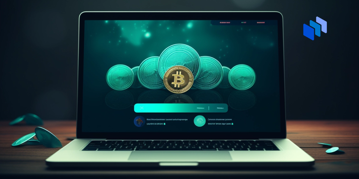 A laptop with a BTC coin on the screen