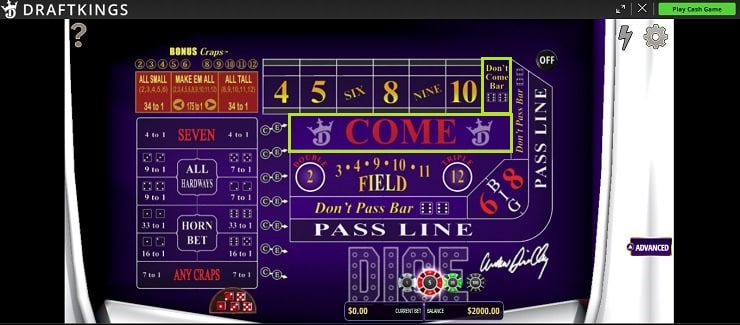 DraftKings Craps Come or Don't Come Bet