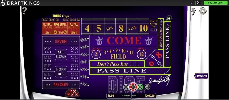 DraftKings Craps Pass Line or Dont Pass Line Bet