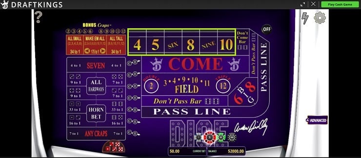 DraftKings Craps Places Bets