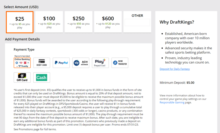 Deposit screen at DraftKings