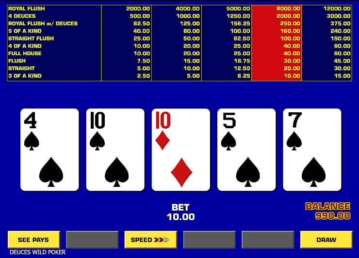 The digital video poker screen displays a hand of cards: 4 of Spades, 10 of Spades, 10 of Diamonds, 5 of Spades, and 7 of Spades, with a bet of $10 and a balance of $990.