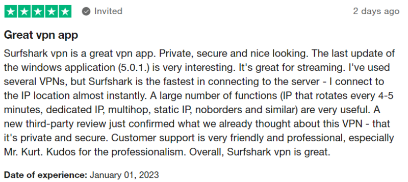 Trustpilot review of Surfshark