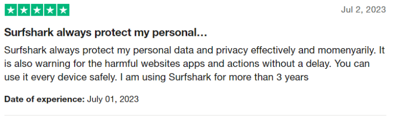 Trustpilot review of Surfshark