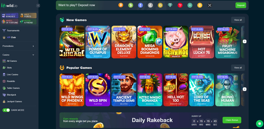 Wild.io shows all of its games with RTP values, so you can easily find the more rewarding ones. 