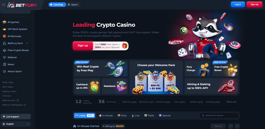 BetFury offers several unique features, including ways to earn crypto through staking and free play. 