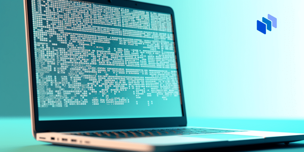 A laptop with a code on screen