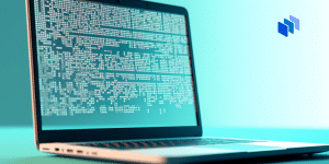 A laptop with a code on screen