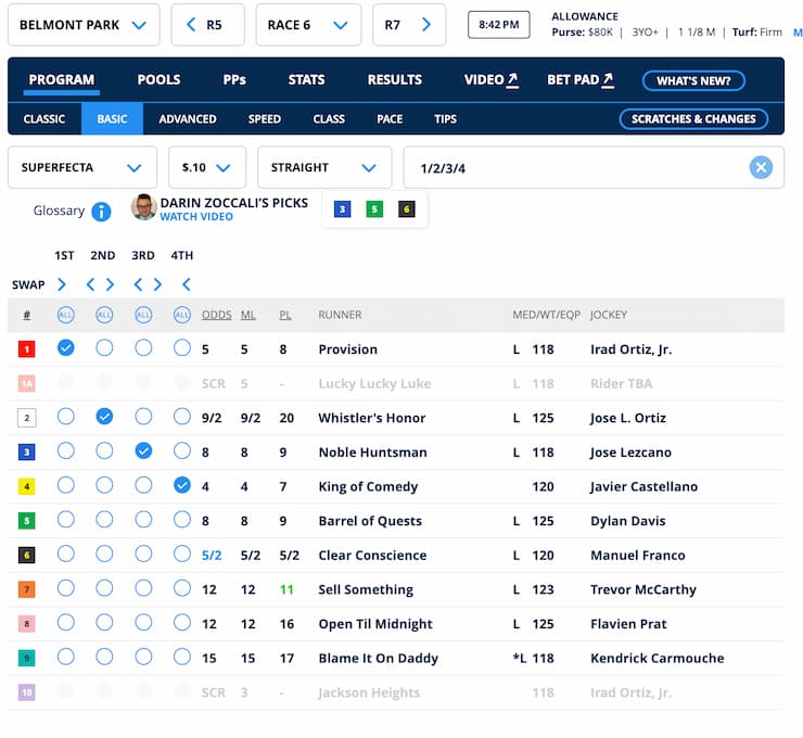 Screenshot of Belmont Park's horse racing program for Race 6, featuring race details, horse names, odds, and jockeys.