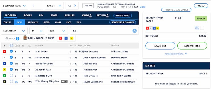 Screenshot of a horse racing betting interface for Belmont Park, displaying race details, horse entries, and betting options.