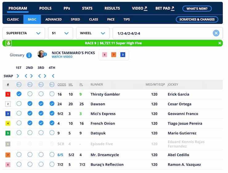 Race betting information with selections and odds for Race 9, featuring horse names, jockeys, and betting details.