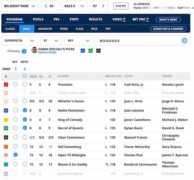 Screenshot of Belmont Park race information featuring horse names, odds, jockeys, and trainers for Race 6.