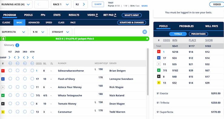 Screenshot of a horse racing betting interface displaying race details, odds, and drivers for upcoming events at Running Aces.