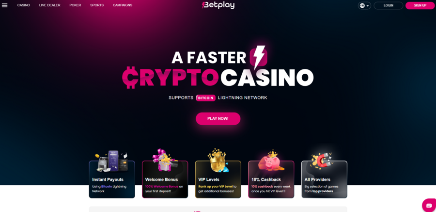 Betplay claims to be a faster crypto casino because it supports the Bitcoin lightning network