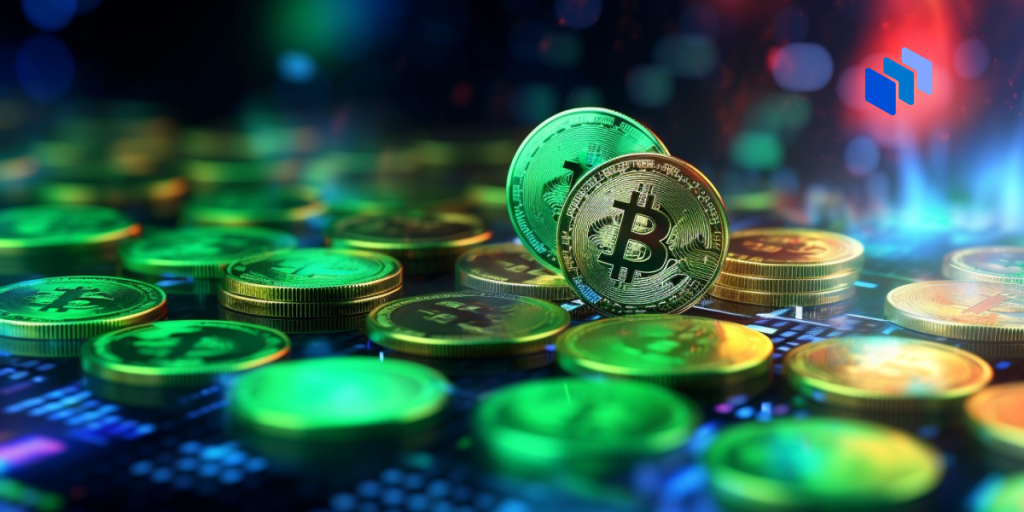 A bitcoin on a pile of coins