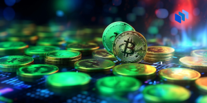 A bitcoin on a pile of coins