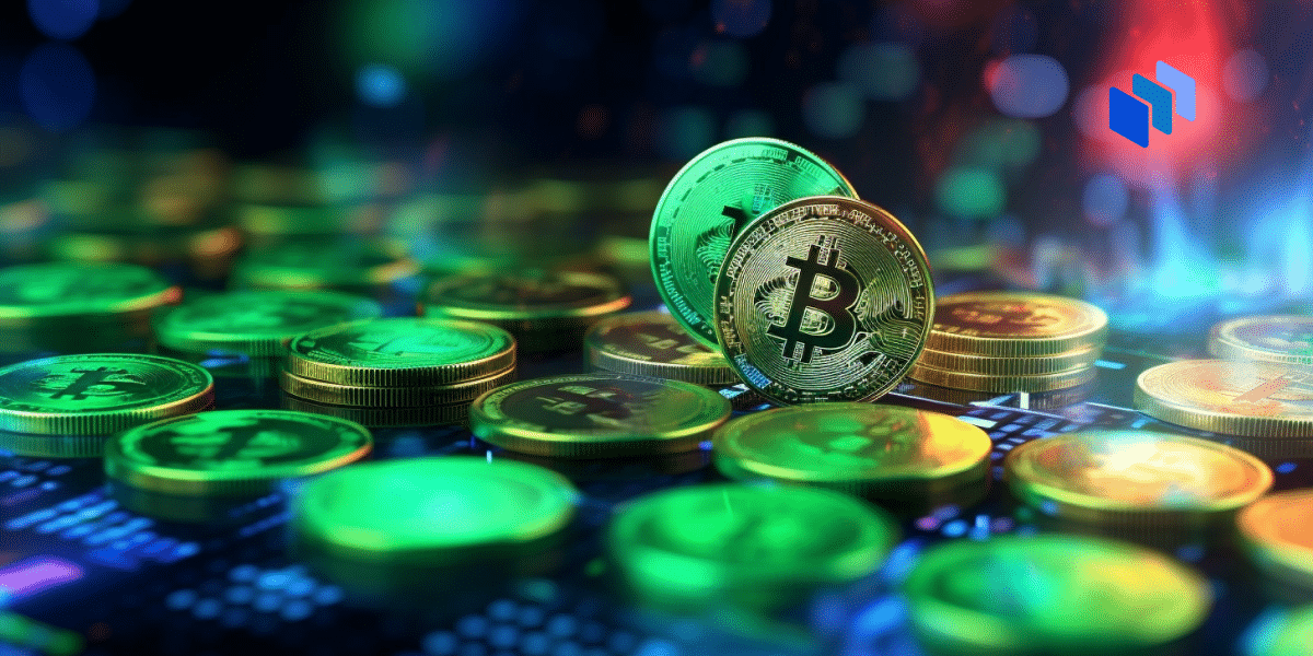 A representation of a Bitcoin sitting on top of other coins