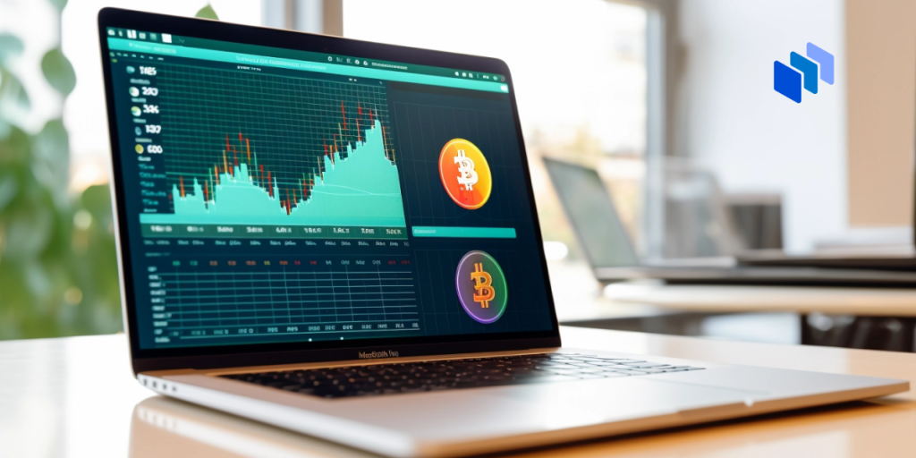 A laptop displaying a crypto market chart