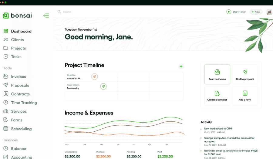 Bonsai dashboard displays project timeline, finances, and tools for proposals/contracts/forms, time tracking, and scheduling.