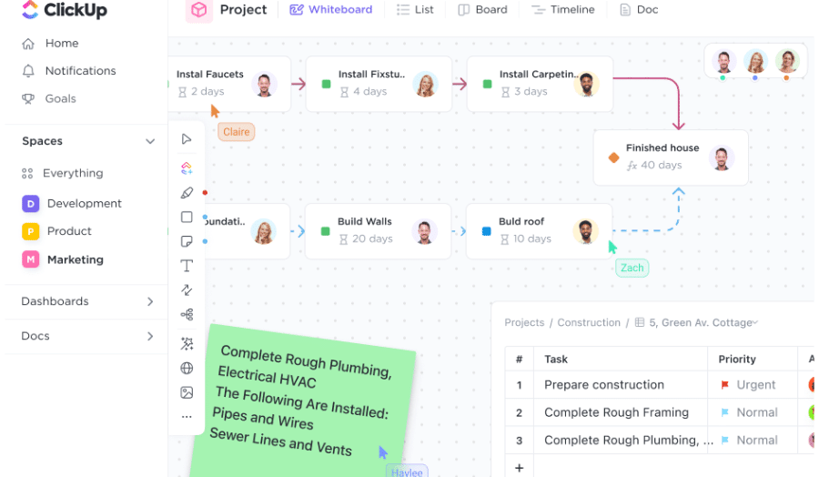 ClickUp dashboard displaying team shared space with each employee's assigned task, collaboration notes, and time tracking.