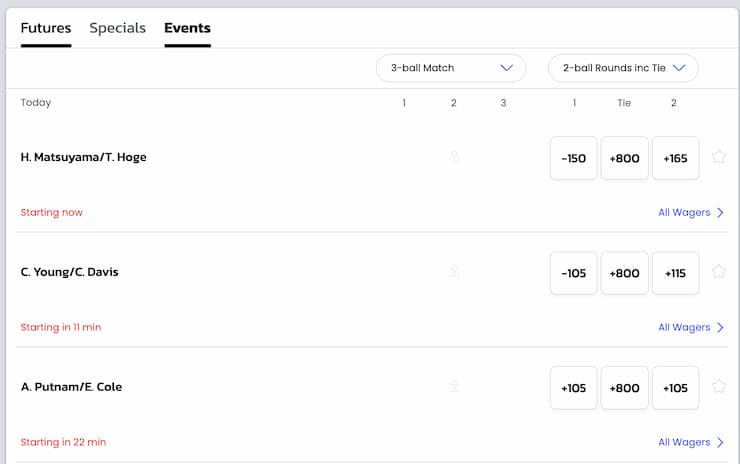 PGA Golf betting matchups