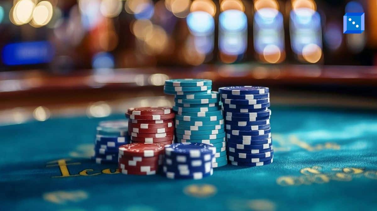 Stacks of colorful poker chips—red, blue, and teal—neatly arranged on a casino table with a blurred background of glowing slot machines and warm ambient lighting, evoking the thrill of gambling.