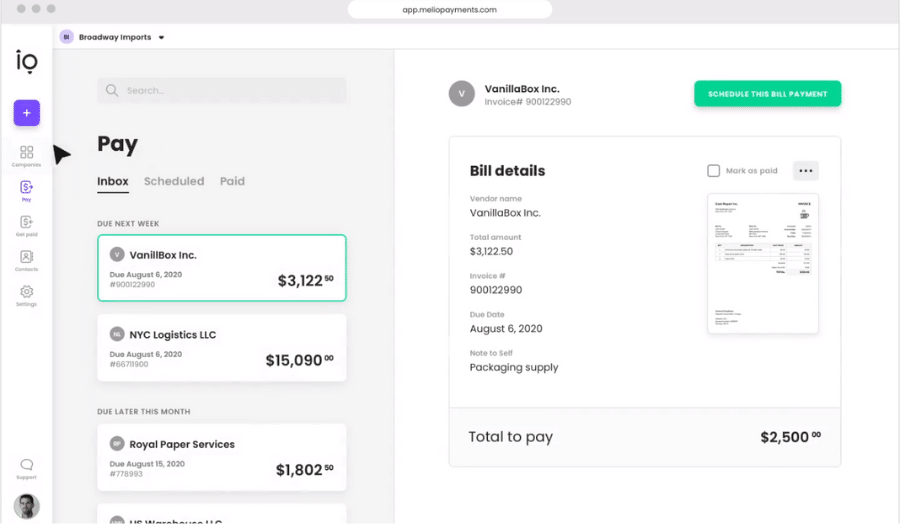 Melio's app interface showing invoices, payment reminders in inbox, and scheduled bill payments