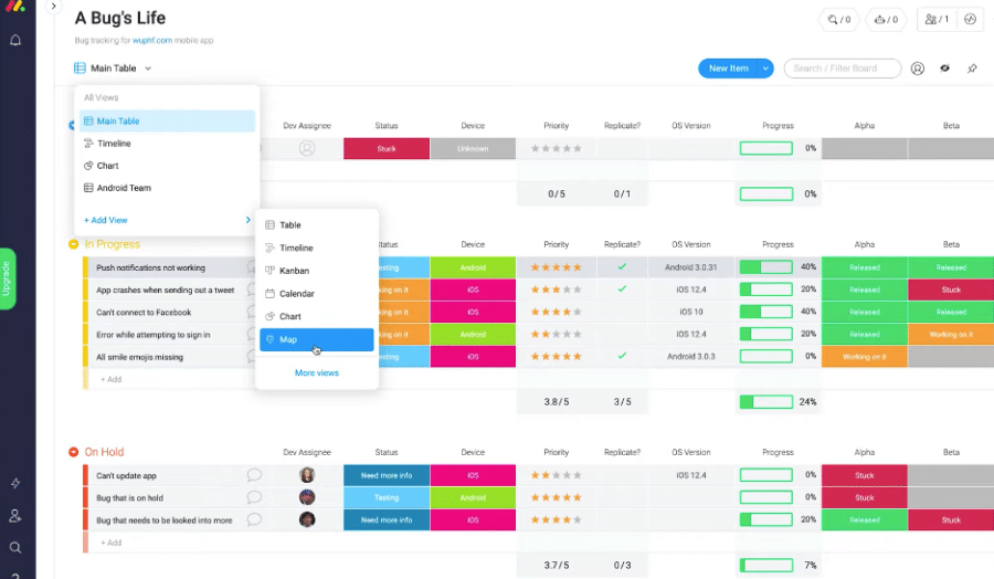 Monday.com interface displaying various project views, progress tracking, and employee assignments.