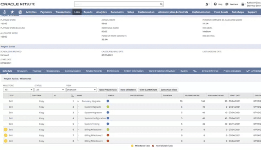 Oracle NetSuite displays project lists, schedule, project status, and toolbars for payments, communication, Gantt chart, and many more.