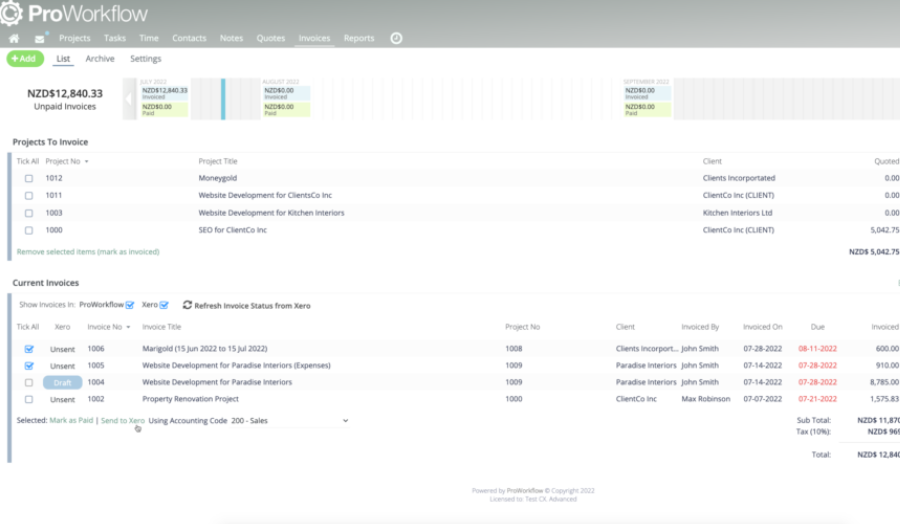 ProWorkflow interface displays unpaid invoices, projects to invoice, as well as invoices in Xero which has been integrated.