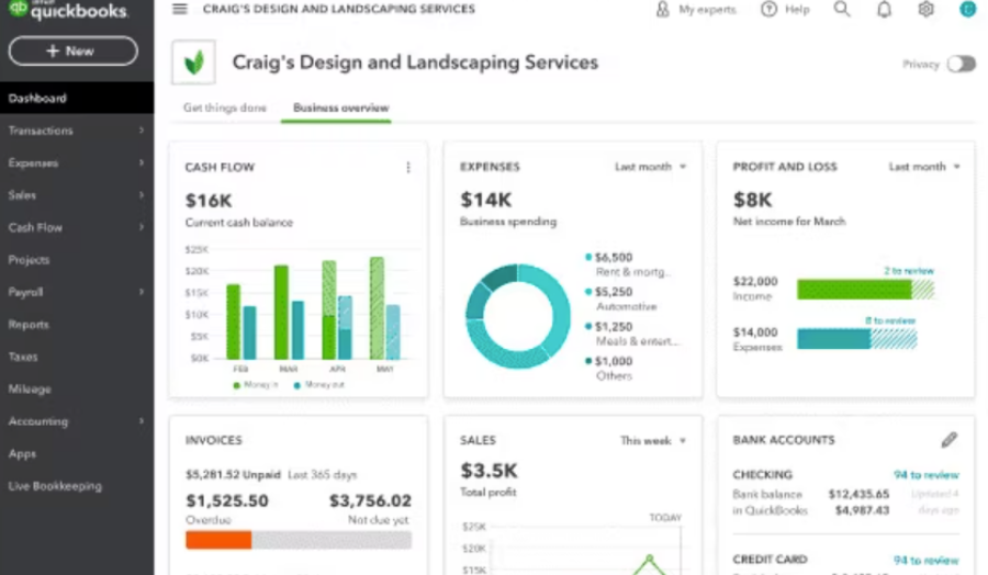 QuickBooks dashboard showcasing a business overview of cash flow, expenses, profit and loss, invoices, sales, bank and checking account balances.