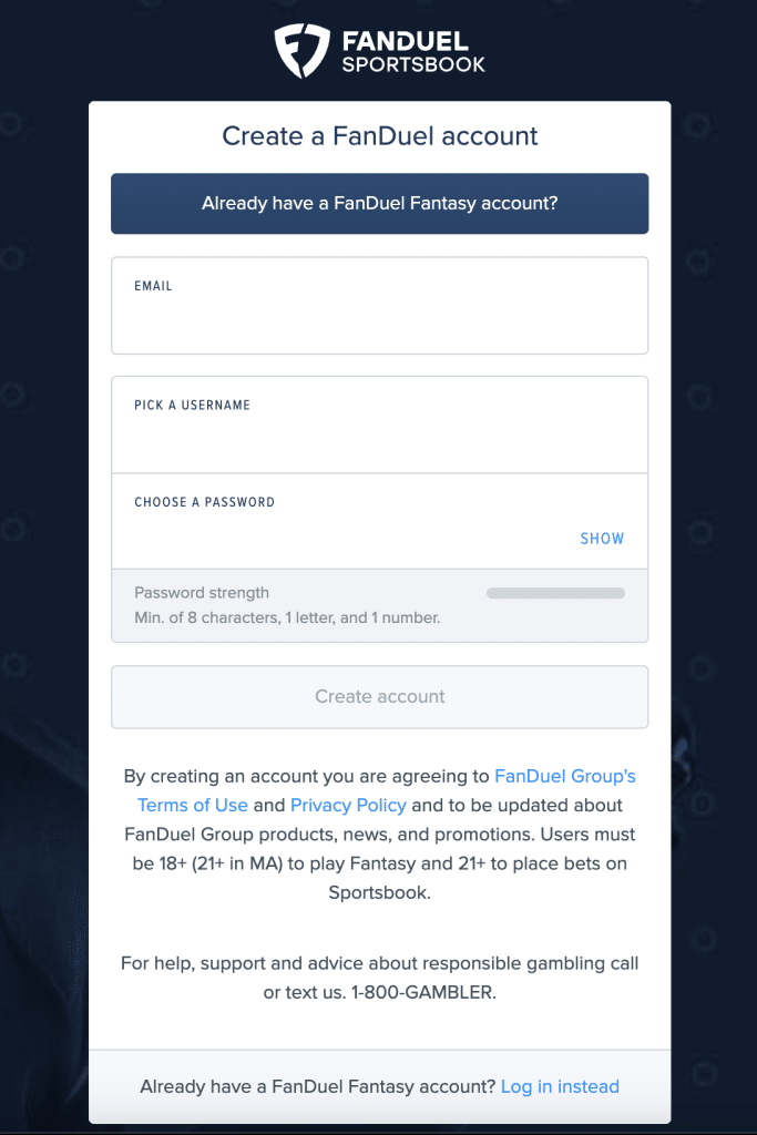 FanDuel Sportsbook sign up page