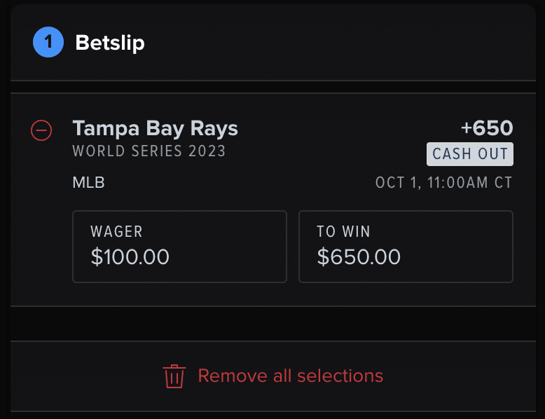 MLB World Series betslip populated