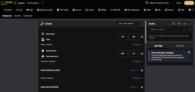 Cricket markets at BetMGM