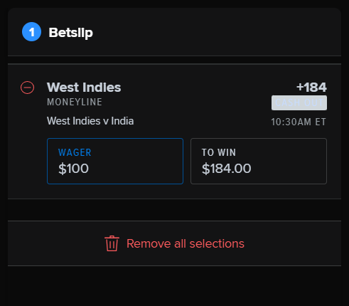 Betslip with cricket wager.