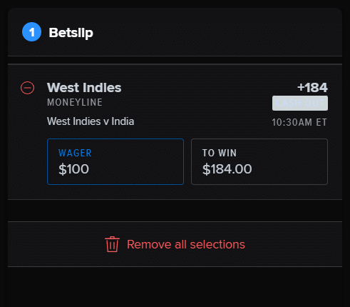 Betslip with cricket wager.